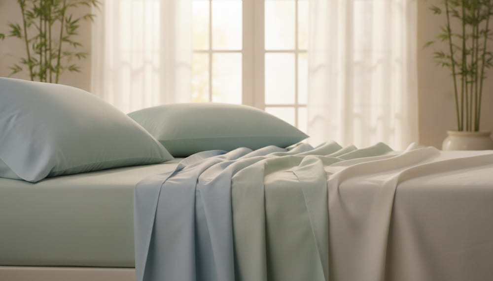 Sage and pale-blue bamboo sheets draped across a bed and its pillows, with bamboo stems and a bright window behind