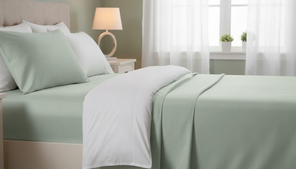 A sage-green fitted sheet and a white flat sheet layered on a made bed, with a lit table lamp and sheer curtains behind